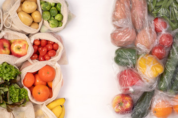 Zero waste vs plastic packaging. Fruits and vegetables in eco friendly reusable cotton bags and in...