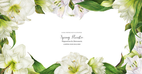 Floral banner with white alstroemeria and hippeastrum flowers