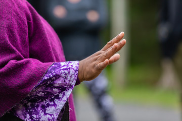 Closeup midsection of female wearing full sleeve purple dress while gesturing telling story during...