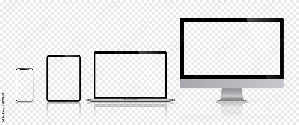 Poster realistic set of computer monitors desktop laptop tablet and phone reflect with checkerboard screen 
