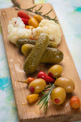 Pickled cucumbers and olives