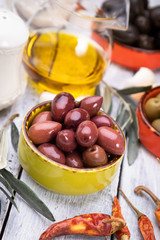Pickled olives ready to eat, healthy food used in mediterranean cuisines