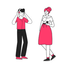 Young boy and girl with earphones vector illustration. Rest, leisure, relaxation. Teenagers with headphones, walking music lovers flat contour characters isolated on white background