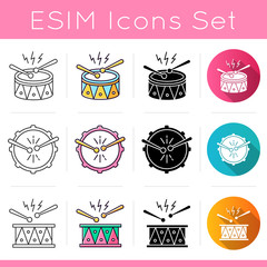 Brazilian music icons set. Drums with drumsticks. Linear, black and RGB color styles. Samba. Musical instrument. Brazilian carnival. Festive drum parade. Isolated vector illustrations