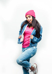 young happy smiling latin american teenage girl emotional posing on white background, lifestyle people concept