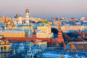 Fototapeta na wymiar Aerial view of Kremlin and Moscow city in Russia in the evening.
