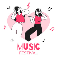 Dancing girls in heart shape border vector illustration. Music festival, disco party, event. Young women with headphones, people listening to music flat contour characters isolated on white background