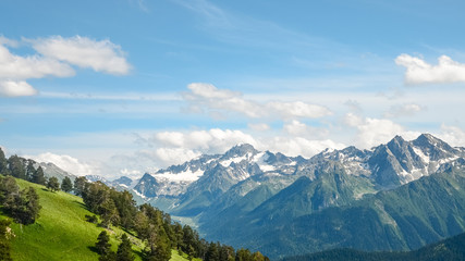 Sunny day in the mountains of Arkhyz. The Caucasus mountains with rocky peaks. Mountain landscape.