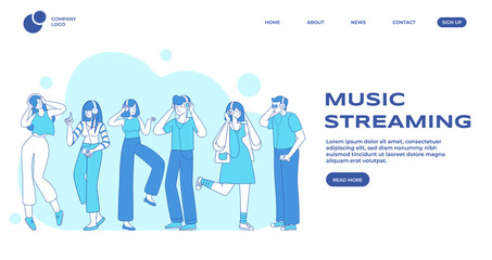 Music streaming, people preferences landing page vector template. Male and female music listeners, people with earphones flat contour characters. Musical event web banner homepage design layout