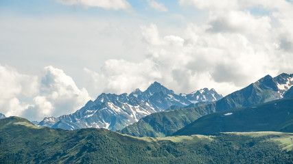 Sunny day in the mountains of Arkhyz. The Caucasus mountains with rocky peaks. Mountain landscape.