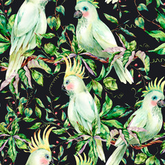 Watercolor white parrot summer seamless pattern with flowers
