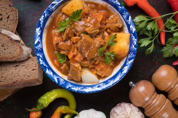 Beef goulash served in bowl