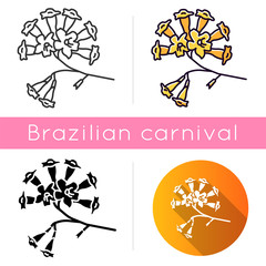 Plumeria icons set. Linear, black and RGB color styles. Ipe tree. Tropical blossom. Brazilian flora. South american tree. Exotic floret. Botany. Isolated vector illustrations