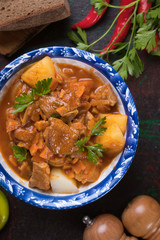 Beef goulash served in bowl