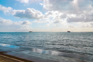 Cargo container Ships arriving into River Tagus Lisbon Port