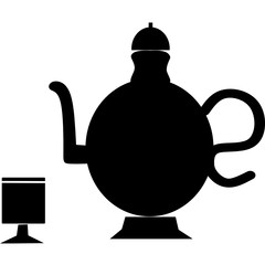 Ramadan Iftar party Traditional Black teapot with cup on dinner. Ramadan Kareem in Arabic freehand for Islam religious festival Eid with Arabic coffee logo on the white background