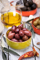 Pickled olives ready to eat, healthy food used in mediterranean cuisines