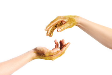 Man and woman hand reaching to each other on white background.