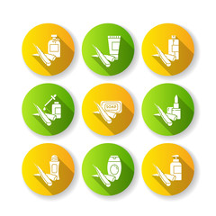 Fototapeta premium Aloe vera flat design long shadow glyph icons set. Cosmetic products with medicinal plant. Natural cream, organic lotion. Healthy skincare. Deodorant, lip balm. Silhouette RGB color illustration