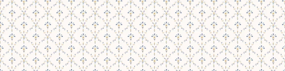 Wallpaper murals Farmhouse style French damask shabby chic floral linen vector texture border background. Pretty daisy flower banner seamless pattern. Hand drawn floral interior home decor ribbon trim. Classic rustic farmhouse style.