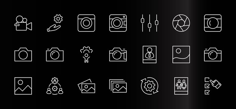 Set of Cameras and photo, vector line icons. Contains symbols of portraits and family photos and much more. Editable Stroke. 32x32 pixels