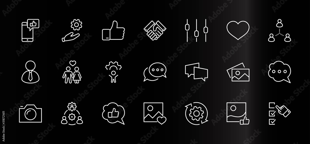 Poster set of social networks related vector line icons. contains such icons as profile page, rating, socia