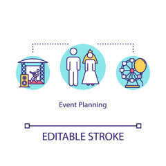 Event management concept icon. Special occasion celebration planning idea thin line illustration. Concerts, holidays arranging. Vector isolated outline RGB color drawing. Editable stroke