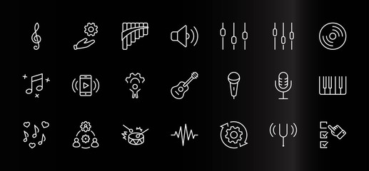 Set of Music Related Vector Line Icons. Contains such Icons as Pan Flute, Piano, Guitar, Treble Clef, In-ear and more. Editable Stroke. 32x32 Pixels
