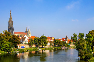 Fototapeta na wymiar Panorama der Stadt Ulm mit Münster und Donauwiesen, Baden-Württemberg, Deutschland 