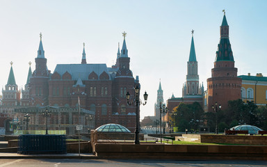 State Historical Museum and the Kremlin Towers on the Red Square in Moscow city in Russia in the morning.