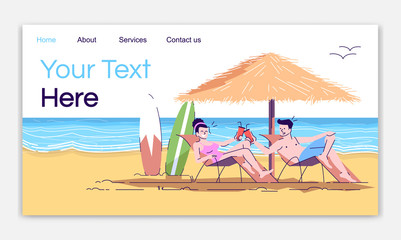 Couple on beach landing page vector template. Indonesia tourism. Vacation at seaside. Bali resort website interface idea with flat illustrations. Homepage layout. Web banner, webpage cartoon concept