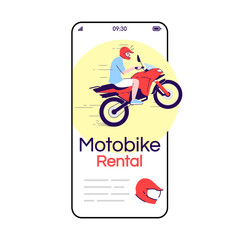 Motorbike rental cartoon smartphone vector app screen. Local transport. Extreme riding. Indonesia tourism. Mobile phone display with flat character design mockup. Application telephone cute interface