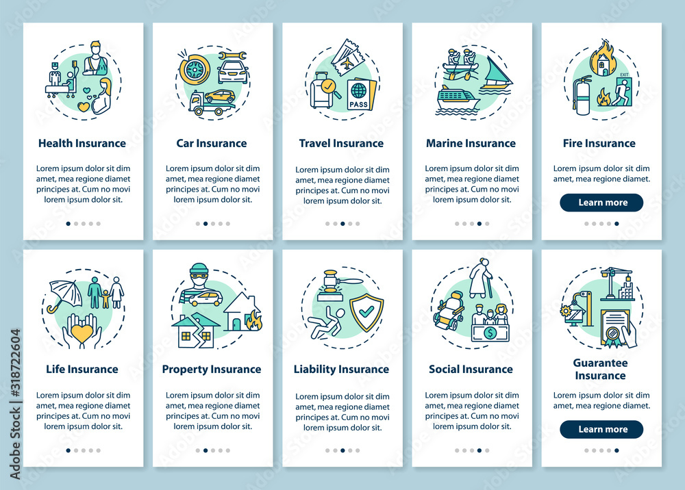 Poster insurance onboarding mobile app page screen with concepts. safety guarantee. life assurance walkthro