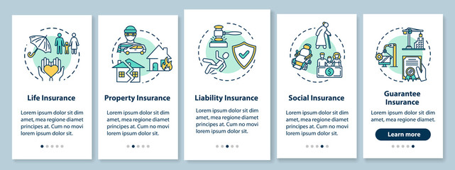 Insurance onboarding mobile app page screen with concepts. Social service. Business coverage walkthrough 5 steps graphic instructions. UI vector template with RGB color illustrations