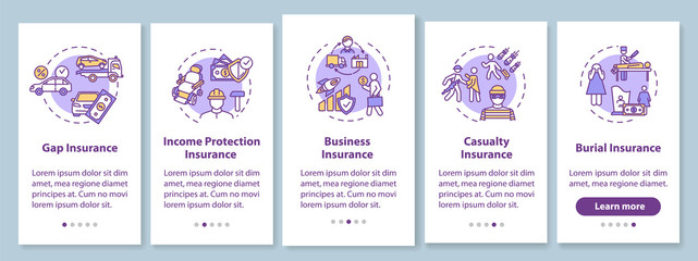 Insurance onboarding mobile app page screen with concepts. Income and investment protection. Banking walkthrough 5 steps graphic instructions. UI vector template with RGB color illustrations