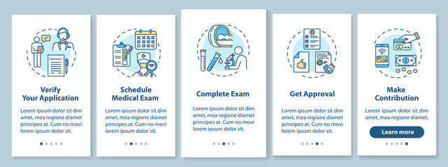 Insurance onboarding mobile app page screen with concepts. Get verification. Approval process walkthrough 5 steps graphic instructions. UI vector template with RGB color illustrations