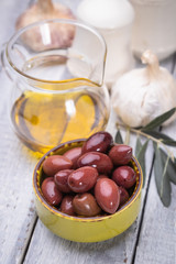 Pickled olives ready to eat, healthy food used in mediterranean cuisines