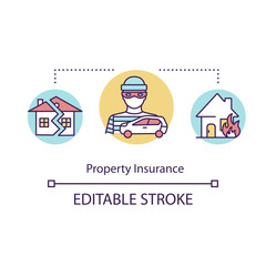 Property insurance concept icon. Estate damage coverage. Car theft. Crime recovery. Financial aid idea thin line illustration. Vector isolated outline RGB color drawing. Editable stroke