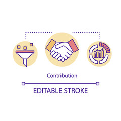 Contribution concept icon. Handshake between share holders. Sponsor support. Contribute money. Partnership idea thin line illustration. Vector isolated outline RGB color drawing. Editable stroke