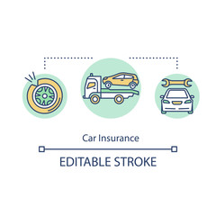 Car insurance concept icon. Accident recovery. Automobile repair. Dealership for property owners. Vehicle fix idea thin line illustration. Vector isolated outline RGB color drawing. Editable stroke