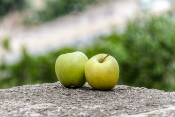 Apples in still life outdoors on a rock
