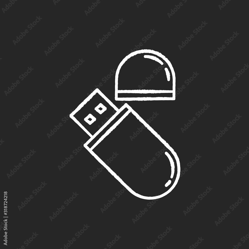 Poster usb flash drive chalk white icon on black background. compact data storage device. memory stick. thu