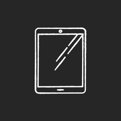 Tablet computer chalk white icon on black background. Touch screen PC. Electronic gadget with touchpad. E-reader. Digital reading. Handheld mobile device. Isolated vector chalkboard illustration