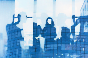 Business people collaborate together in office. Internet connection effects. Double exposure...