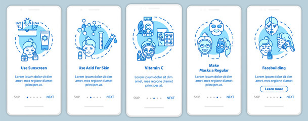 Skicare onboarding mobile app page screen with concepts. Facebuilding, regular facial masks. Cosmetology walkthrough 5 steps graphic instructions. UI vector template with RGB color illustrations