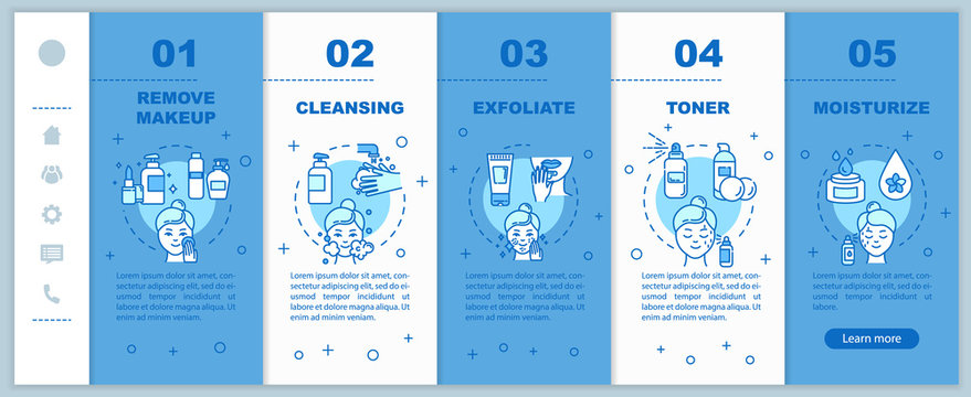 Skincare onboarding vector template. Remove makeup. Cleansing, exfoliating. Toner and moisturizer. Responsive mobile website with icons. Webpage walkthrough step screens. RGB color concept