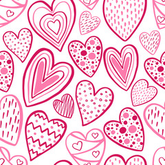 Seamless pattern of decorative hand-drawn pink hearts