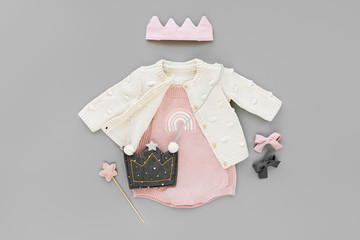 Pink bodysuit with knitted jumper, kids handbag, cotton crown and magic wand. Set of  baby clothes...
