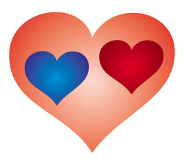 Red and blue hearts on a pink background in the form of a heart. Valentine's Day, symbol of lovers. Vector graphics.