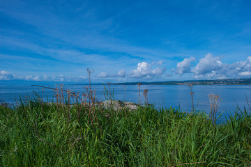 Fototapeta na wymiar Green Grass to the Salish Sea to Blue Sky